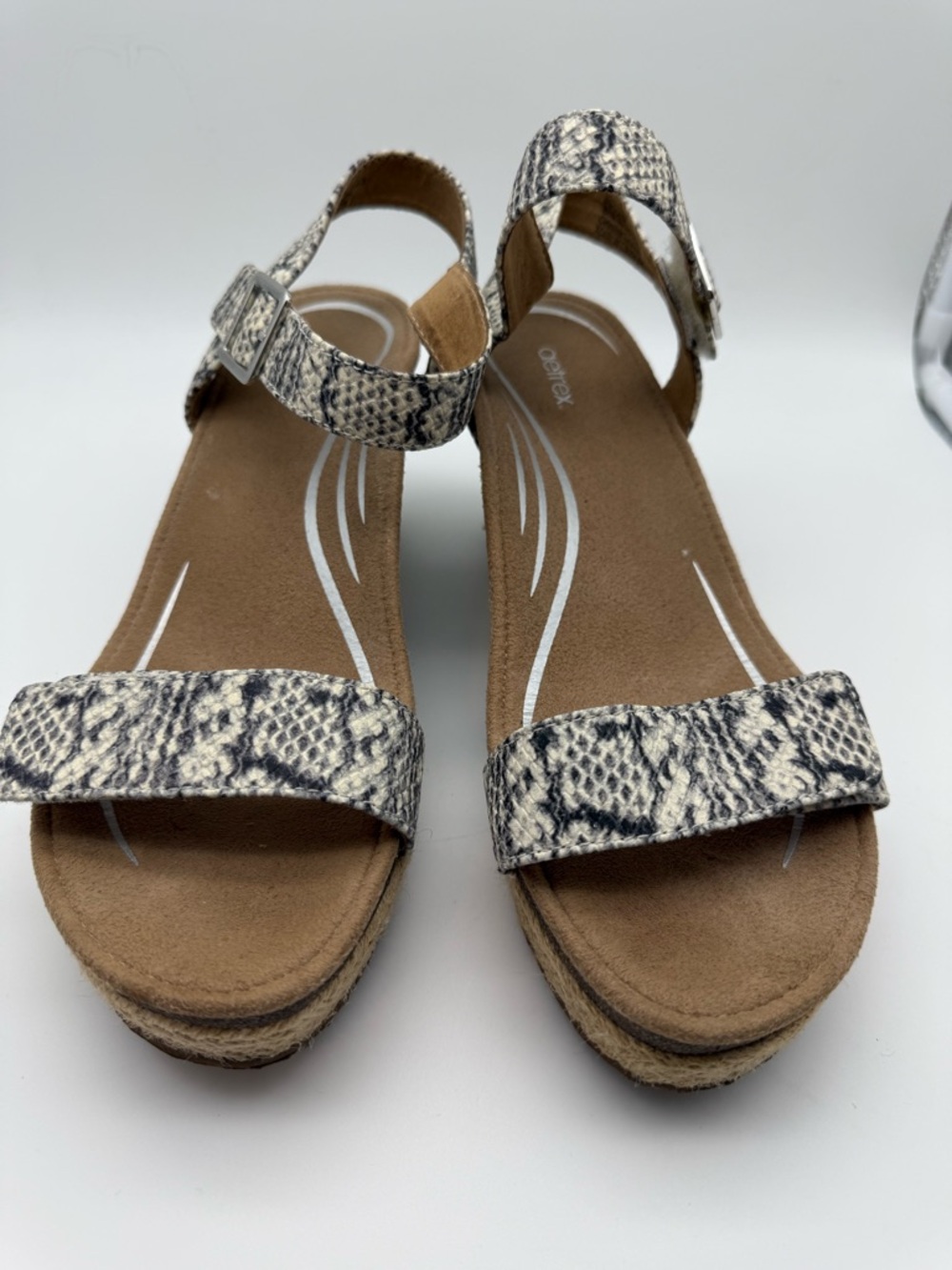 Aetrex Women's Snake-Print Ankle-Strap Sandals in Beige and Black